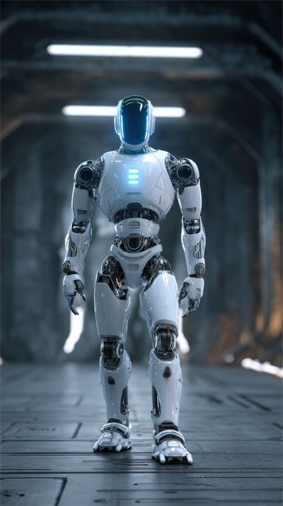An advanced humanoid robot standing in an industrial corridor
