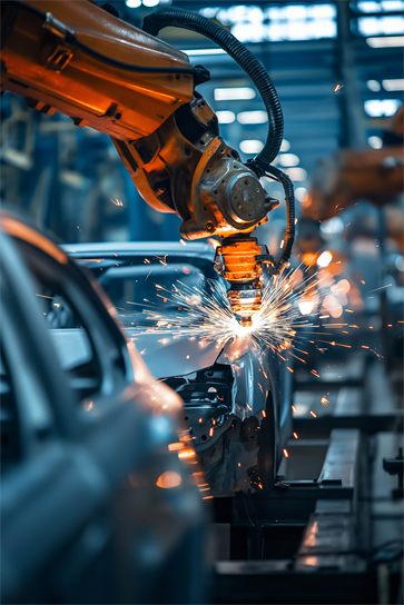 A robotic arm welding a car body on an automated production line