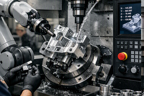 A multi-axis CNC machining center on a manufacturing shop floor